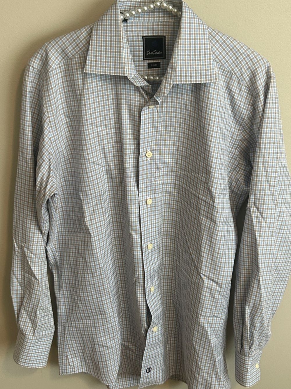 David Donahue Mens Blue Tan Plaid Long Sleeve Dress Shirt 15.5 32 33 Trim Fit